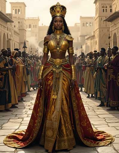 In this captivating image, a regal Black woman stands at the center, exuding an aura of power and elegance. She is adorned in a stunning gold dress that features a dramatic slit, revealing her leg. The dress is complemented by a flowing cape that adds to her majestic appearance. Her ensemble is accentuated by intricate gold jewelry, including a striking gold belt, a matching gold bra, and a gold arm accessory. Her long black hair cascades down, framing her face, which is crowned with a regal gold crown. Surrounding her are numerous Black individuals, all dressed in vibrant gold and red attire, suggesting a celebratory or ceremonial atmosphere. The scene is set against a backdrop of tall, white buildings, adding a sense of grandeur to the overall composition.