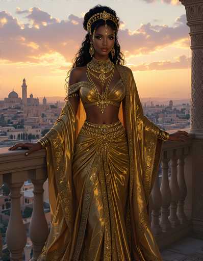 The image depicts a stunning, AI-generated woman standing on a balcony, overlooking a cityscape at sunset. She is adorned in an elaborate, golden outfit that includes a bra-like top, a flowing skirt, and a cape-like garment draped over her arms. Her attire is intricately detailed with numerous jewels and beads, giving it a regal appearance. The woman has long, curly black hair and wears a golden crown with a jewel hanging in front of her forehead. She also sports large, dangling earrings and a thick, ornate necklace. Her pose is graceful, with her hands resting on the stone railing of the balcony. The background features a city skyline with various buildings, including a prominent tower, all bathed in the warm hues of the setting sun. The sky is a mix of orange and blue, with clouds tinged in pink and purple, enhancing the serene and majestic atmosphere of the scene.