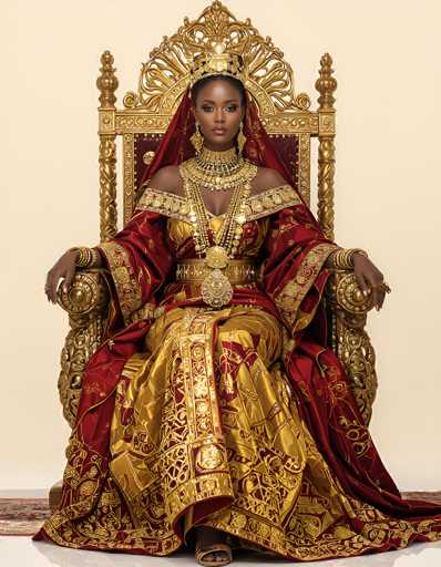 The image depicts a regal African-American woman seated on an ornate, golden throne. She is adorned in a luxurious red and gold dress, which features intricate gold patterns and a deep neckline that reveals her shoulders. The dress is complemented by a matching red veil that drapes elegantly over her head and shoulders. Her ensemble is further embellished with an array of gold jewelry, including a prominent gold belt, multiple necklaces, bracelets, and earrings. The woman's dark skin contrasts beautifully with her attire, and she gazes directly at the camera with a composed expression. Her hands rest gracefully on the armrests of the throne, which is intricately designed with braided gold details and a red cushion. The background is a light tan color, and the throne is positioned on a white floor with a red rug beneath it. The overall scene exudes an aura of opulence and power, reminiscent of a royal portrait.