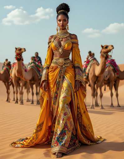 A woman wearing an ornate yellow dress with gold accents and a large headpiece is the main subject of this image. She stands confidently on a sandy beach, surrounded by several camels in various shades of brown and beige. The background features a clear blue sky dotted with fluffy white clouds.