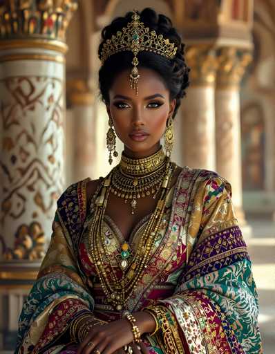 A woman is seated on a bench with her hands resting on her lap. She is wearing a gold and red dress adorned with intricate patterns and a crown on her head. The background features columns and arches, suggesting an architectural setting such as a palace or a grand building.