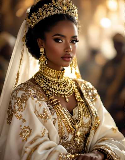 This image features a striking portrait of a woman with dark skin, possibly of African or Middle Eastern descent, adorned in elaborate royal attire. She wears a magnificent golden crown encrusted with jewels, which sits atop her neatly styled black hair. Her makeup is bold, with dark eyeshadow and long, dramatic eyelashes accentuating her intense gaze directed towards the camera. She is dressed in a flowing white gown intricately decorated with gold embroidery, and a white veil cascades from the back of her head. Around her neck, she wears an impressive array of gold jewelry, including a thick choker, multiple layered necklaces, and a long, ornate necklace that drapes down to her waist. The background is blurred, with indistinct figures and a warm, golden light that enhances the regal and majestic atmosphere of the portrait.