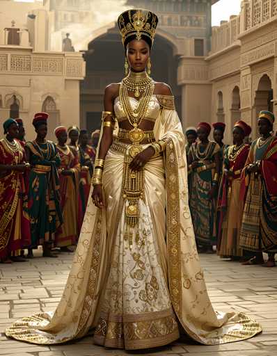 The image depicts a regal African woman adorned in an elaborate, golden and white dress. Her attire is richly detailed, featuring a gold belt and a gold necklace with a prominent pendant. She wears a golden arm band on her right arm and a ring on her left hand. Her headdress is a striking gold crown, adding to her majestic appearance. Surrounding her are several African men and women dressed in vibrant, colorful robes of red, green, and gold, each wearing a hat. The background reveals a grand, castle-like structure with numerous windows and an arched doorway, enhancing the scene's opulent atmosphere. The woman stands confidently, gazing directly at the camera, embodying a sense of power and elegance.