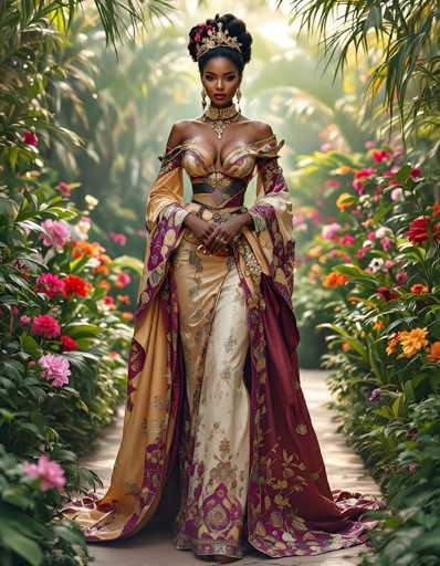 The image depicts a strikingly beautiful African-American woman standing on a stone pathway in a lush, tropical garden. She is adorned in an elaborate, ancient Egyptian-style dress that features a low-cut neckline and a corset-like bodice. The dress is a vibrant mix of gold, burgundy, and cream, with intricate floral and leaf patterns woven into the fabric. Her attire includes a flowing cape that drapes elegantly around her, adding to the regal appearance.

Her hair is styled in a high bun, and she wears an ornate crown or tiara embellished with red and gold accents. She accessorizes with long, dangling earrings and a thick, ornate choker necklace that complements the dress. Her hands are clasped together in front of her, and she wears rings on her fingers.

The background is a lush garden filled with tall palm trees, various tropical plants, and an array of colorful flowers in shades of pink, red, orange, and yellow. The scene is bathed in sunlight, creating a warm and vibrant atmosphere that enhances the overall beauty of the woman and her attire.