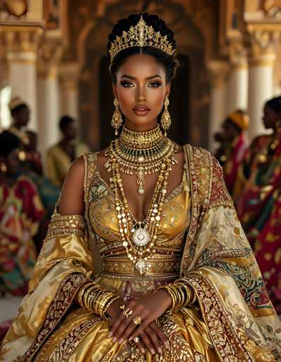 The image depicts a striking young African woman, possibly in her late teens or early twenties, adorned in an elaborate and ornate outfit. She is seated with her hands gracefully folded in her lap, exuding an air of regality. Her attire is a stunning gold dress, intricately designed with a deep V-neckline that reveals a hint of cleavage. The dress features a fitted bodice and a voluminous skirt, complemented by a shawl draped over her shoulders. 

Her ensemble is adorned with an abundance of gold jewelry, including a grand, ornate crown that sits atop her neatly pulled-back hair. She wears long, dangling earrings that frame her face, and a thick choker necklace that sits just below her neck. Additional necklaces cascade down her chest, adding to the opulence of her look. Her wrists are adorned with numerous gold bangles, and she wears several rings on her fingers.

The background is blurred, but it suggests a setting with white columns and possibly other people, though they are not clearly visible. The overall impression is one of a royal or ceremonial portrait, capturing the woman's elegance and the richness of her cultural heritage.