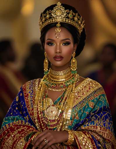 The image depicts a regal woman, possibly of Indian or Middle Eastern descent, adorned in elaborate traditional attire. She wears a stunning golden crown with intricate designs and a prominent jewel hanging between her eyebrows. Her makeup is meticulously applied, featuring dark eyeshadow, eyeliner, and bold red lipstick. She is dressed in a luxurious sari-like robe, richly decorated with gold patterns and vibrant colors including red, blue, green, and yellow. Around her neck, she wears multiple layers of ornate gold necklaces, some adorned with green and red jewels. Her hands are adorned with numerous gold bangles and rings, and she has long, dangling gold earrings. The background is blurred, suggesting a gathering of people, possibly at a wedding or cultural event. The woman's poised and serene expression, combined with her opulent attire, conveys a sense of grandeur and importance.