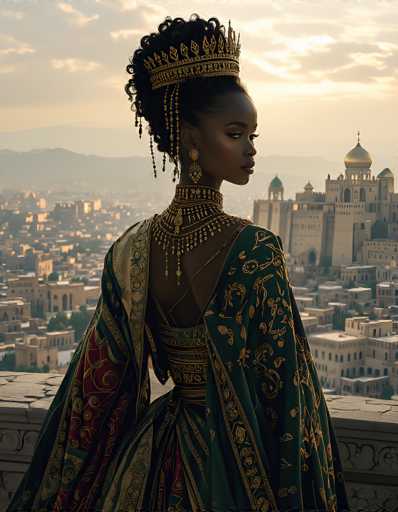 The image depicts a regal Black woman standing on a stone balcony, overlooking a vast cityscape. She is adorned in an elaborate, dark green dress with intricate gold designs, including swirls and floral patterns. Her attire is complemented by a matching cape that features a striking red section with gold swirls. The dress has a deep V-neckline, revealing her shoulders and upper back, and is cinched at the waist with a gold belt. She wears an ornate gold necklace with dangling chains and a choker that extends down her neck, adding to her majestic appearance. Her hair is styled in an elegant updo, crowned with a golden headpiece that has leaf-like embellishments and dangling chains. Large, ornate gold earrings complete her look. The city below is filled with numerous buildings, and in the distance, a mountain range can be seen under a sky dotted with clouds. The overall scene exudes a sense of grandeur and splendor, reminiscent of a royal figure in a historical or fantasy setting.