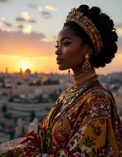 In this captivating image, a regal woman stands poised against a backdrop of a serene sunset. She is adorned in a stunning, intricately designed dress that features a vibrant palette of yellow, red, and blue. The dress is embellished with delicate floral patterns and intricate gold detailing, adding to her majestic appearance. 

Her ensemble is complemented by an array of exquisite jewelry, including a thick gold choker that sits elegantly around her neck, a matching gold necklace, and large, ornate gold earrings. Her hair is styled in an elaborate updo, and a golden headband adorned with blue jewels encircles her head, enhancing her royal bearing.

The woman gazes thoughtfully to the left, her expression serene and contemplative. The setting behind her is a picturesque cityscape, with the sun setting on the horizon, casting a warm, golden glow across the scene. The sky is a blend of soft blue and pink hues, with wispy clouds adding to the tranquil atmosphere. The city below is a blur of indistinct buildings, suggesting a bustling metropolis. 

Overall, the image exudes a sense of timeless elegance and regal beauty, capturing a moment of serene splendor.
