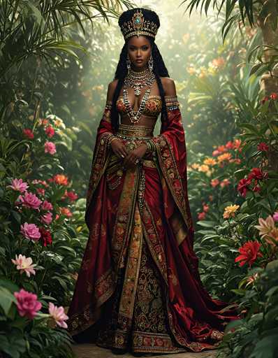 The image depicts a strikingly beautiful African-American woman, possibly a queen or princess, standing in a lush, tropical garden. She is adorned in an elaborate, ornate outfit that combines elements of a bra and a long, flowing gown. The top part of her attire is a gold bra-like garment with intricate beading, while the bottom half features a red skirt with gold trim and floral patterns. Her ensemble includes long, flowing sleeves that extend from her elbows to her wrists, and she wears a grand, jeweled crown with a prominent green jewel at its center. Her long, black hair cascades down her shoulders, and she is adorned with multiple necklaces, bracelets, and rings. The background is filled with vibrant tropical flowers in shades of pink, red, yellow, and orange, along with lush greenery, creating a serene and regal atmosphere.