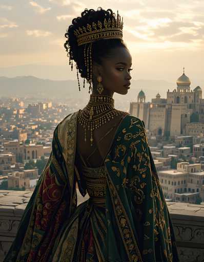 A woman with long dark hair wearing a green and gold dress stands on a balcony overlooking a cityscape at sunset.