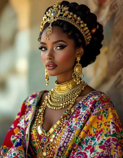 A woman with long dark hair is wearing a gold crown and earrings that include large stones. She is dressed in a colorful outfit featuring a patterned top and a skirt adorned with flowers. The background of the image shows a stone wall or building, suggesting an outdoor setting.