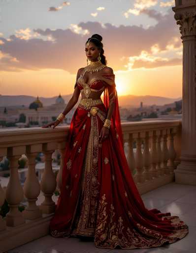 A stunning portrait of a woman in an elaborate red and gold gown, posing on a balcony overlooking a city at sunset. The image is bathed in warm, golden light, with the setting sun casting long shadows and creating a dramatic backdrop. The woman is wearing intricate gold jewelry, including a statement necklace and armbands, and her hair is styled in an elegant updo. She gazes confidently into the distance, exuding a sense of grace and power. The balcony is adorned with ornate gold railings, and the city in the background features a mix of buildings and distant mountains. The overall mood is one of luxury, elegance, and timeless beauty.