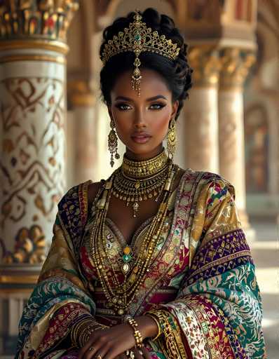 The image features a striking young woman, possibly of Indian or Middle Eastern descent, adorned in elaborate traditional attire. She has dark skin and black hair styled in an intricate updo, with a golden crown that drapes down to her forehead, embellished with turquoise and gold jewels. Her makeup is bold, with dark eyeshadow and pink lipstick, enhancing her expressive eyes. She wears long, dangling gold earrings and a thick, ornate choker necklace that extends into a multi-tiered necklace with pendants. Her dress is a vibrant mix of gold, red, blue, and green, with intricate patterns and a V-neckline. The sleeves of her dress are loose and flowing, adding to the grandeur of her appearance. She accessorizes with multiple bracelets on both wrists and rings on her fingers. The background is blurred, revealing a white and gold column on the left and a series of similar columns on the right, suggesting an ornate, possibly historical setting. The woman gazes directly at the camera, exuding confidence and elegance.
