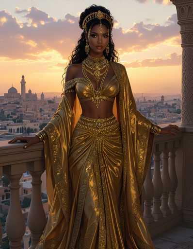 A woman is standing on a balcony with her hands on her hips and wearing a gold dress that has a long train. The sky behind the woman is orange and pink hues, suggesting either sunrise or sunset.