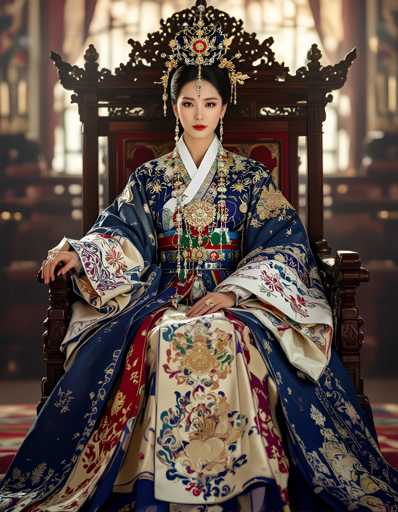 A woman is seated on a wooden chair with a gold and red patterned cushion, wearing a blue and white dress adorned with gold accents and a matching headpiece featuring a large flower design.