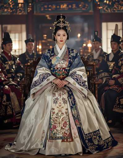 The image depicts a young Asian woman, possibly of Korean or Japanese descent, seated in a wooden chair at the center of the frame. She is adorned in an elaborate, traditional kimono that features a mix of blue, white, and floral patterns, with a prominent white panel down the front. Her hair is styled in an ornate updo, secured with a black hairpiece embellished with gold and blue accents. She wears long, dangling earrings and red lipstick, her hands clasped in her lap. Surrounding her are several men, also of Asian descent, dressed in equally ornate, traditional attire. They wear black hats and black robes with gold and red accents, and their legs are crossed as they sit on either side of her. The background is slightly blurred, revealing a room with a brown floor, a wall with a window, and a doorway with a light fixture. The overall setting suggests a formal or ceremonial occasion, possibly within a palace or similar grand interior.