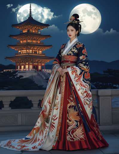 In this captivating image, a woman stands gracefully on a stone balcony, adorned in a stunning kimono. The kimono features a rich palette of red, white, and blue, embellished with intricate dragon designs. Her hair is elegantly styled in a bun, accentuated by a decorative headpiece. She gazes thoughtfully to the left, her hands clasped in front of her.

Behind her, a majestic pagoda rises, its four tiers each adorned with a pointed roof. The structure is beautifully illuminated, casting a warm glow that contrasts with the dark, cloudy night sky. A full moon peeks through the clouds, adding a serene touch to the scene. The balcony itself is bordered by a stone railing, and the ground beneath her feet is made of stone, enhancing the traditional ambiance.

In the background, the silhouettes of trees and distant mountains add depth to the composition, completing this picturesque and tranquil setting.