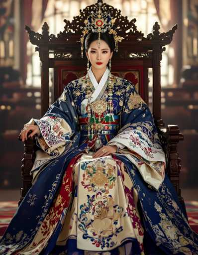 The image depicts a young Asian woman, possibly of Korean or Japanese descent, seated on an ornate throne. She is adorned in a traditional, colorful kimono that features intricate designs in blue, red, and gold. The kimono has a white collar and a blue belt with red and green accents. Her hair is styled in an elaborate updo, crowned with a golden headpiece that extends down to her forehead, embellished with jewels and beads. She wears long, dangling earrings and a large, ornate necklace. The throne she sits on is made of dark wood, with a red cushion and a carved wooden backrest. The background is blurred, suggesting a grand, possibly religious setting with large windows and additional wooden furniture. The woman's expression is serious, and she gazes directly at the camera, exuding an air of regality and solemnity.