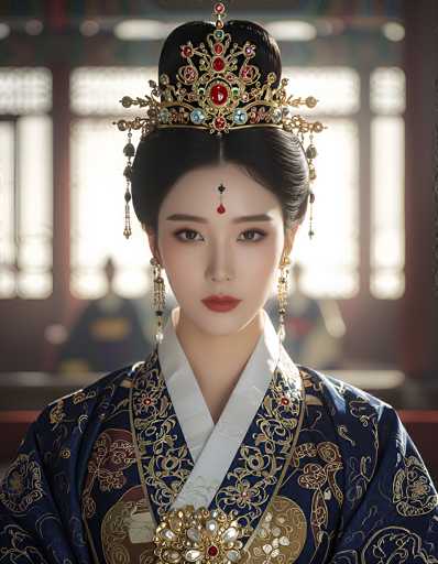 This image features a highly detailed, computer-generated depiction of an Asian woman, possibly a geisha or a figure from ancient China. She is adorned in a dark blue kimono with intricate gold and red floral patterns, and a white collar. Her hair is elegantly styled in a bun, accentuated by an elaborate gold crown studded with red and blue jewels, and adorned with dangling elements. A prominent red jewel sits on her forehead, complemented by long, dangling earrings. The woman's expression is serious, with red lipstick and brown eyes, as she gazes directly at the viewer. The background is blurred, revealing a large window and indistinct figures, suggesting an indoor setting. The overall composition highlights the woman's regal and ornate appearance, emphasizing the intricate details of her attire and jewelry.