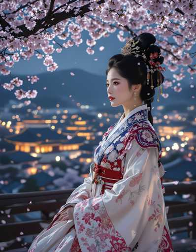 A captivating photograph features a woman of Asian descent, elegantly dressed in a traditional kimono. The kimono is predominantly white, adorned with intricate floral patterns in shades of pink, blue, and green. The woman's hair is styled in a sophisticated updo, embellished with a gold hair clip that adds a touch of regality. She gazes thoughtfully to the left, her expression serene and contemplative. The background is softly blurred, revealing a cityscape with numerous buildings illuminated by warm yellow lights, suggesting a nighttime setting. Above her, delicate pink cherry blossoms are in full bloom, with some petals gently falling around her, adding a touch of natural beauty to the scene. The overall composition exudes a sense of tranquility and cultural elegance.