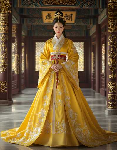 A young Asian woman stands gracefully in the center of an ornate, traditional Chinese palace. She is adorned in a stunning yellow kimono-like dress, intricately detailed with white floral embroidery. The dress features a wide red sash with gold accents around her waist, and a white collar that extends down the front. Her long black hair is elegantly styled, with a gold headpiece that drapes down the center of her forehead. She wears long, dangling earrings and holds a red tassel in her hands. The palace's interior is richly decorated, with dark brown wooden columns embellished with gold designs, and a ceiling adorned with blue and gold patterns. A yellow sign with Chinese characters hangs above her head, adding to the regal atmosphere. The floor beneath her is a shiny gray, reflecting the grandeur of her surroundings.