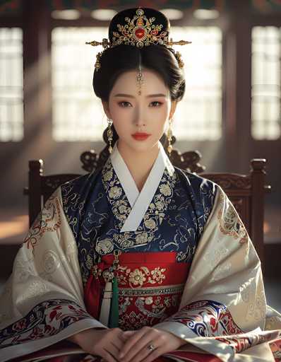 The image depicts a young Asian woman, possibly Japanese or Korean, seated in a wooden chair with her hands folded in her lap. She is adorned in a traditional kimono, predominantly navy blue with intricate gold floral patterns and white accents. The kimono features a red sash around her waist, embellished with gold flowers and a silver band. Her hair is elegantly styled in an updo, crowned with an ornate gold and red tiara that includes a jewel hanging between her eyebrows. She wears long, dangling earrings and a ring on her left hand. The background is blurred, revealing a large window with sunlight streaming through, casting a warm glow on her face and the chair. The overall scene exudes a serene and regal atmosphere.