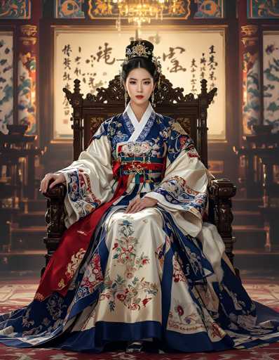 A young Asian woman, possibly Japanese or Chinese, is seated on an ornate, throne-like wooden chair, exuding regal poise. She wears an elaborate kimono adorned with intricate floral patterns in shades of blue, white, and red. Her hair is elegantly styled in a bun, accentuated by a golden crown or tiara. The room around her is dimly lit, with a chandelier casting a soft glow from above. Behind her, a large window with a wooden frame features Asian characters, adding to the traditional ambiance. The floor beneath her is covered in a red carpet with white designs, enhancing the room's opulent feel. She gazes directly at the camera, her expression serene and dignified, embodying the grace of royalty.