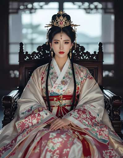The image depicts a young Asian woman, possibly a Korean or Japanese model, seated in an ornate, dark wooden chair with intricate carvings. She is dressed in a traditional kimono, predominantly white with a floral pattern featuring red, blue, and green flowers. The kimono is cinched at the waist with a red sash adorned with a gold brooch. Her black hair is styled in an elaborate updo, crowned with an ornate gold headpiece that includes a red jewel and a dangling red gem. She wears long, dangling gold earrings and has striking red lipstick. The background is blurred, revealing a window with a white frame and a view of a tree outside. The woman's expression is serious, and she gazes directly at the camera, her hands resting on her lap.