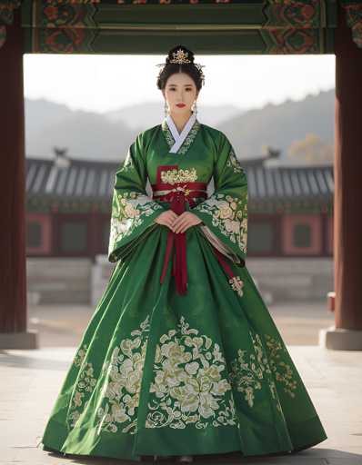 A woman is standing in front of a traditional Korean temple with a green dress featuring white and gold embroidery on the bodice and skirt. The woman has her hair styled in an elegant updo and is wearing a red headband.