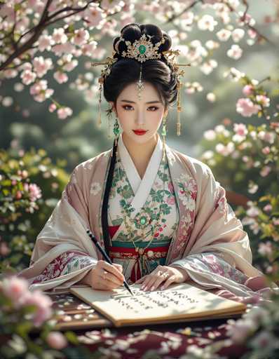 The image depicts a young Asian woman, possibly Japanese or Korean, seated at a table adorned with a red tablecloth. She is dressed in a traditional kimono, which features a white base with intricate floral patterns in shades of pink, green, and red. Over her kimono, she wears a pink shawl decorated with white flowers. Her hair is styled in an elaborate updo, adorned with a large, ornate headpiece that includes a central jewel and dangling golden ornaments. She wears long, dangly earrings and red lipstick, enhancing her elegant appearance. In her hands, she holds a black pen, poised over an open book with blank pages, suggesting she is in the act of writing. The background is filled with pink and white cherry blossom branches, adding a serene and picturesque quality to the scene. The overall composition and details suggest that the image might be AI-generated, as the woman's face appears slightly artificial.