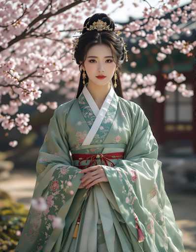 A young Asian woman stands gracefully in the foreground, adorned in a light green kimono with a white collar and a red sash tied around her waist. Her long black hair is elegantly styled into a bun, accentuated by a gold and blue headpiece. She wears long, dangling gold earrings and has a serious expression on her face. Her hands are clasped in front of her waist, and she gazes directly at the camera. Behind her, a cherry blossom tree with delicate pink flowers is in full bloom, adding a touch of natural beauty to the scene. The background is slightly blurred, revealing a traditional Japanese building with a dark green roof and a red door, enhancing the cultural ambiance of the image.