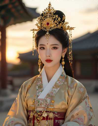 The image depicts a young Asian woman, possibly a geisha or a traditional Korean model, adorned in an elaborate and ornate outfit. She wears a golden dress with intricate floral patterns, featuring a white collar and a red sash around her waist. Her attire is further embellished with numerous gold accessories, including a grand, jeweled crown that rests atop her black hair, which is styled in a bun. The crown is adorned with a prominent red jewel at its center and extends down to her forehead, where a red dot, likely a bindi, is situated. She also wears long, dangling gold earrings and a necklace with a red gem. The background is blurred, but it hints at traditional Asian architecture, possibly a pagoda, and a sunset sky, adding to the serene and elegant ambiance of the scene.