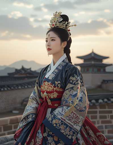 The image depicts a young Asian woman, possibly a model or actress, dressed in traditional attire. She is adorned in a dark blue kimono with intricate gold and white floral patterns, featuring a red sash tied around her waist. Her hair is elegantly styled in a high bun, accentuated by a golden crown with red jewels and a gold stick protruding from it. A red jewel is also placed on her forehead, complementing her red lipstick and the gold earrings that dangle from her ears. She stands on a brick balcony, gazing off to the left, with a backdrop of blurred traditional Asian buildings and a sky that transitions from light blue to yellow, suggesting either sunrise or sunset. The overall scene exudes a serene and regal atmosphere.
