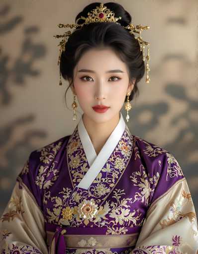 This image features a stunning young Asian woman, likely in her late teens or early twenties, with a fair complexion and expressive brown eyes. Her dark brown hair is elegantly styled in an updo, adorned with an intricate gold headpiece that includes a central red jewel and cascading gold tassels. She wears long, dangling gold earrings that complement her traditional attire.

Her outfit is a luxurious purple kimono, intricately decorated with gold and white floral patterns. The kimono has a white collar and is cinched at the waist with a purple sash, which is embellished with a large white and gold flower. The sleeves of the kimono are a lighter shade of purple, adding to the overall elegance of her ensemble.

The background is a soft, blurred beige with dark gray splotches, which enhances the focus on the woman and her detailed attire. The overall composition of the image highlights her regal appearance and traditional beauty.