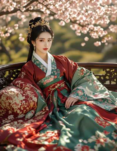 A woman is seated on a bench with her legs crossed and wearing traditional Chinese clothing that includes a red and green dress adorned with floral patterns. She has long dark hair styled in an elegant updo, and a gold headpiece and earrings are visible. The background features cherry blossoms in full bloom against a blurred garden backdrop.