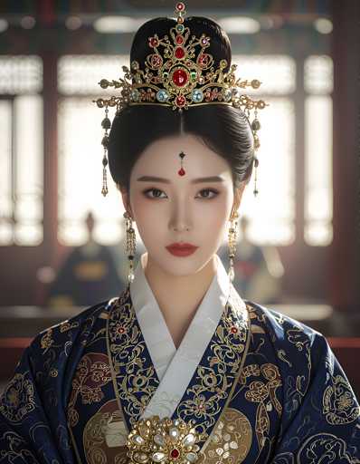 The image shows a woman wearing traditional Chinese clothing and a gold crown with red jewels on her head. She is standing against the backdrop of a building with large windows that reflect light onto her face. The woman's pose suggests she is posing for a portrait or photograph.
