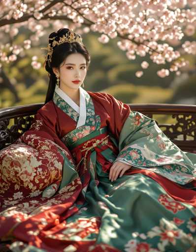 The image depicts a young Asian woman, possibly Japanese or Chinese, seated on a wooden bench with a rounded back and intricate carvings. She is adorned in a traditional kimono, predominantly red with green accents and intricate floral patterns. The kimono features a white collar and a green sash tied at the waist, with the lower part of the dress transitioning to green. Her dark hair is styled in a bun, embellished with a golden crown or tiara, and she wears dangling gold earrings. The woman's expression is serious, with her gaze directed towards the camera. Behind her, a cherry blossom tree is in full bloom, its delicate pink and white flowers contrasting against the blurred greenery of the background. The scene is bathed in sunlight, adding a serene and picturesque quality to the image.