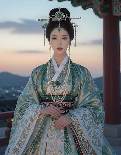 The image depicts a highly detailed and realistic scene of a woman standing in front of a traditional Japanese setting. The woman is adorned in an elaborate, silk-like dress that features a harmonious blend of light blue, green, and white hues. The dress is intricately designed with a V-neckline and a prominent sash around her waist, which is embellished with a combination of green, white, and red stripes. The sleeves of her dress are wide and adorned with delicate white and green floral patterns.

Her hair is styled in an elegant updo, and she wears a striking headpiece that includes a large green gemstone set in silver. The headpiece is further embellished with dangling green and white jewels that cascade down her back. She also wears long, dangling earrings that are green and white, matching the theme of her attire.

The woman's face is made up with a light complexion, and she has a pale pink lipstick that complements her overall look. Her expression is serene and composed, as she gazes directly at the viewer.

The background features a traditional Japanese setting with a red wooden pillar and a red wooden railing. The sky is a beautiful gradient of blue, pink, and orange, suggesting either a sunrise or sunset. In the distance, there are silhouettes of mountains and a few scattered lights, adding depth to the scene. The overall composition is rich in detail and color, creating a vivid and immersive visual experience.