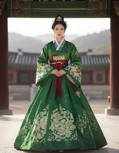 The image depicts a young Asian woman, possibly Korean or Japanese, standing in front of a traditional building. She is wearing an elaborate green kimono adorned with intricate gold and white floral patterns. The kimono features a white collar and a red sash tied around her waist, with long tassels hanging down. Her hair is styled in a bun, decorated with a golden ornament, and she wears long, dangling earrings. The woman stands with her hands clasped in front of her, looking directly at the camera. Behind her, the building has a distinctive curved roof with black tiles and red walls, framed by two large brown pillars. The background is slightly blurred, revealing a mountain range and a bright sky, suggesting the photo was taken during the daytime.