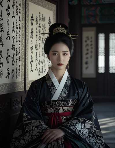 The image depicts a young Asian woman, likely Japanese, dressed in traditional attire. She is wearing a black kimono adorned with intricate white floral patterns and a red sash tied around her waist. Her dark hair is elegantly styled in a bun, secured with a golden ornament, and she has long, dangling earrings. The woman is seated in a room with dark brown walls, which are decorated with vertical panels featuring Japanese characters. The room has a wooden floor and a window on the right side, through which light is streaming in. The overall ambiance is dark, with the woman's kimono and the room's decorations providing the primary sources of color.