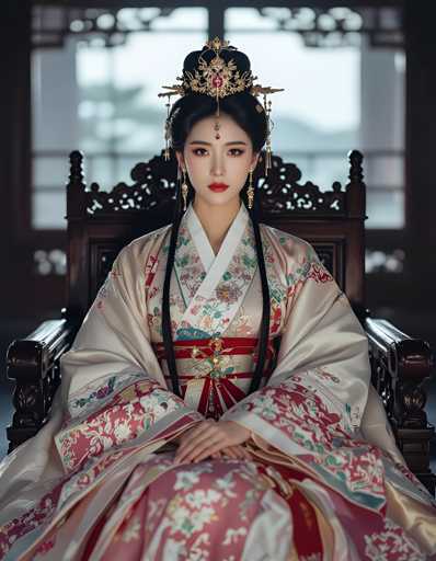 A young woman wearing traditional Chinese clothing sits on a wooden chair with her legs crossed and hands resting on the seat. She wears a white dress adorned with pink and red floral patterns, and a gold headpiece with a large flower at its center. The background is blurred, suggesting an indoor setting such as a room or a hallway.