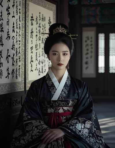 A young woman dressed in traditional Chinese clothing stands against a backdrop of a room with white walls and black doors. She wears a black kimono with gold accents and a matching headpiece featuring a gold crown. The woman's pose is relaxed yet poised, with her hands resting on her hips as she gazes directly at the camera.