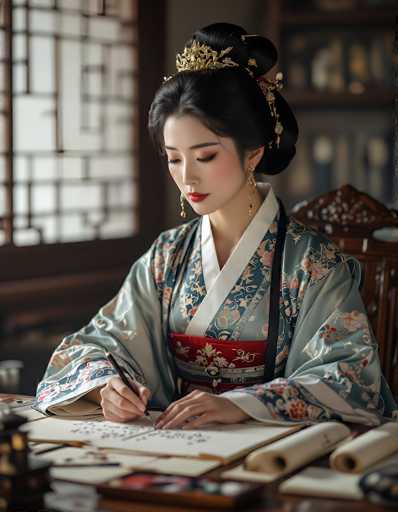 The image depicts a young Asian woman, possibly Japanese or Chinese, seated at a wooden desk, deeply engrossed in writing on a large piece of paper. She is adorned in a traditional kimono, predominantly light blue with intricate floral patterns in shades of pink, red, and white. The kimono features a white collar and a red sash with gold floral designs around her waist. Her black hair is elegantly styled in a bun, accentuated by a gold headpiece and complemented by long, dangling gold earrings. Her makeup includes striking red lipstick, and she gazes downward, focused on her writing. The desk in front of her is scattered with various items, including a black pen, paintbrushes, and other writing tools. The background is blurred, revealing a window with a white curtain and a shelf filled with books, adding to the serene and studious atmosphere of the scene.