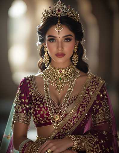The image shows a woman wearing traditional Indian attire, including a red and gold sari with intricate embroidery on the sleeves and collar. She is also wearing a large gold and green necklace, earrings, and a tiara. The background of the image is blurred, but it appears to be an indoor setting with a window in the background.