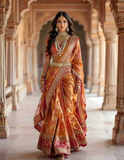 A woman stands gracefully in the center of an ornate, ancient hallway, exuding elegance and cultural richness. She is adorned in a stunning sari, predominantly orange with intricate gold and red patterns, and a pink border embellished with gold designs. The sari is complemented by a matching shawl draped over her left shoulder. Her attire is accessorized with a thick, gold belt featuring a prominent buckle, and multiple bangles adorn her right wrist. She wears a ring on her right hand's ring finger and another on her left hand's pinky. Her long, dark hair cascades down, framing her face, which is highlighted by a gold headpiece that extends from her forehead to her hairline. She wears elaborate, dangling earrings and a thick, ornate necklace that adds to her regal appearance. The hallway around her is lined with tall, intricately carved stone columns, and the floor is made of large, white marble tiles, enhancing the grandeur of the setting.