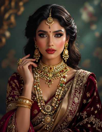 The image shows a woman wearing traditional Indian jewelry and clothing. She is posing for the camera with her hand on her chin, giving off an air of elegance and grace. The background features a dark green color that contrasts with the gold accents in the jewelry and clothing.