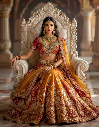 A woman is seated on a white chair with gold accents and wearing an orange and red traditional Indian wedding dress adorned with intricate gold embroidery. She has her hands resting on the armrests of the chair. The background features a gray wall with columns and a large archway, suggesting a grand or ornate setting.