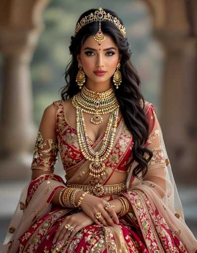 This photograph captures a young woman, possibly of Indian or Middle Eastern descent, adorned in traditional attire. She is seated with her hands resting on her lap, exuding a serene and composed demeanor. Her long, dark brown hair cascades down her shoulders, complementing her elaborate outfit. She wears a stunning red dress embellished with intricate gold floral patterns and delicate lace details. The dress features a cropped top that reveals her midriff, and she pairs it with a flowing skirt that adds to the elegance of her ensemble.

Her accessories are equally captivating. She dons a golden headpiece that resembles a crown, complete with a central jewel that dangles gracefully between her eyebrows. Large, ornate earrings frame her face, adding to her regal appearance. Around her neck, she wears a lavish multi-strand necklace adorned with pearls and various jewels, further enhancing her opulent look. Her wrists are decorated with multiple bracelets, and rings adorn her fingers, completing the intricate and beautiful adornments that make her outfit truly remarkable.