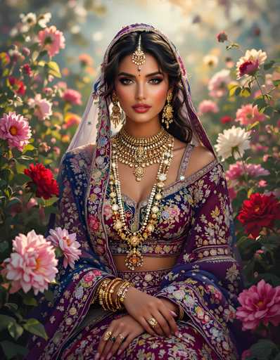 The image depicts a young woman, possibly of Indian or Middle Eastern descent, seated in a lush garden filled with vibrant flowers. She is adorned in traditional attire, featuring a richly embroidered purple dress with floral patterns. Her outfit includes a matching shawl or jacket draped over her shoulders and a sheer veil covering her head. The woman's long, dark hair cascades down her back, and she wears a prominent gold medallion on her forehead, which extends down to her nose. She is accessorized with large gold earrings, multiple gold necklaces, bracelets, and rings on her fingers. Her hands are elegantly crossed in her lap, and she gazes directly at the camera with a serene expression. The background is a blur of colorful flowers, enhancing the overall beauty and tranquility of the scene.