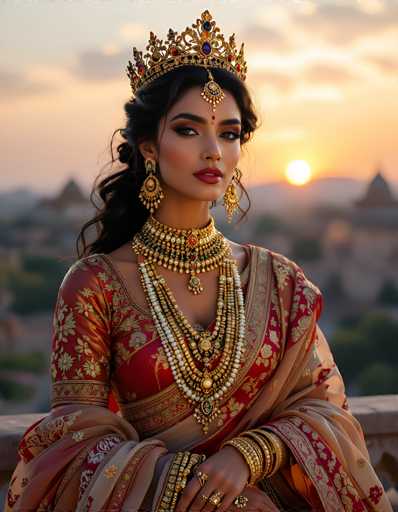 The image features a young woman, possibly of Indian or Middle Eastern descent, adorned in traditional attire. She is wearing an elaborate red dress with intricate gold floral patterns and a matching shawl draped over her left shoulder. Her ensemble is complemented by numerous pieces of gold jewelry, including a large, ornate necklace with multiple strands, a choker, and several bracelets on both wrists. She also sports a golden crown with a jewel hanging between her eyebrows and additional jewels adorning her forehead. Her long, dark hair is styled in a ponytail, and she wears large, dangling gold earrings. The woman is seated on a stone ledge, with a blurred background that hints at a sunset over a cityscape, adding a serene and timeless quality to the scene.